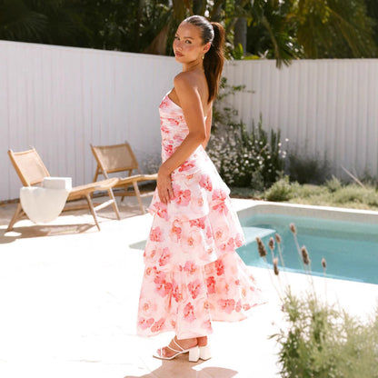 Robe longue femme – Asymétrique une épaule – Haut froncé – Jupe évasée à volants