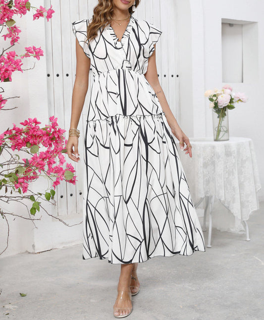 Robe longue femme – Coupe fluide – Sans manches – Décolleté en V – Imprimé graphique
