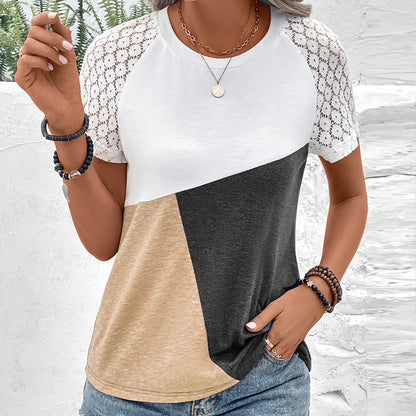T-shirt femme – Coupe décontractée – Manches dentelle – Col rond – Mélange coton