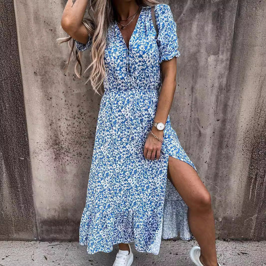 Robe longue femme – Taille haute – Tissu respirant – Manches courtes – Fente côté