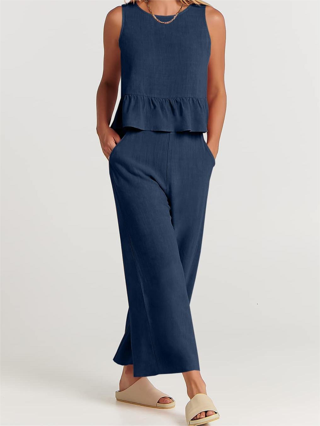 Ensemble 2 pièces pour femmes - Top court sans manches - Pantalon large à taille élastique - Coupe décontractée