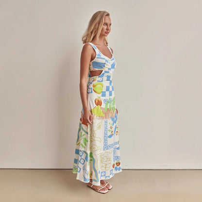 Robe longue femme – Bretelles fines – Décolleté en V – Taille ajourée – Imprimé fluide
