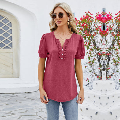 T-shirt femme à manches courtes – Col V – Coupe décontractée – Détails froncés boutons