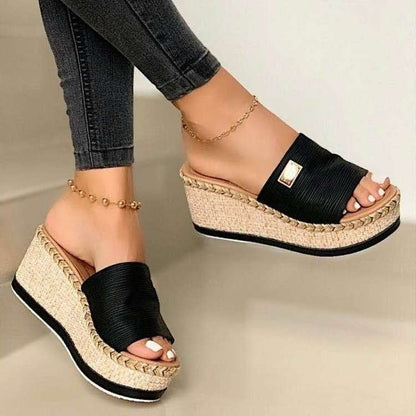 Sandales compensées femme – Bout ouvert – Enfilage facile – Tissu respirant – Talon gainé tressé