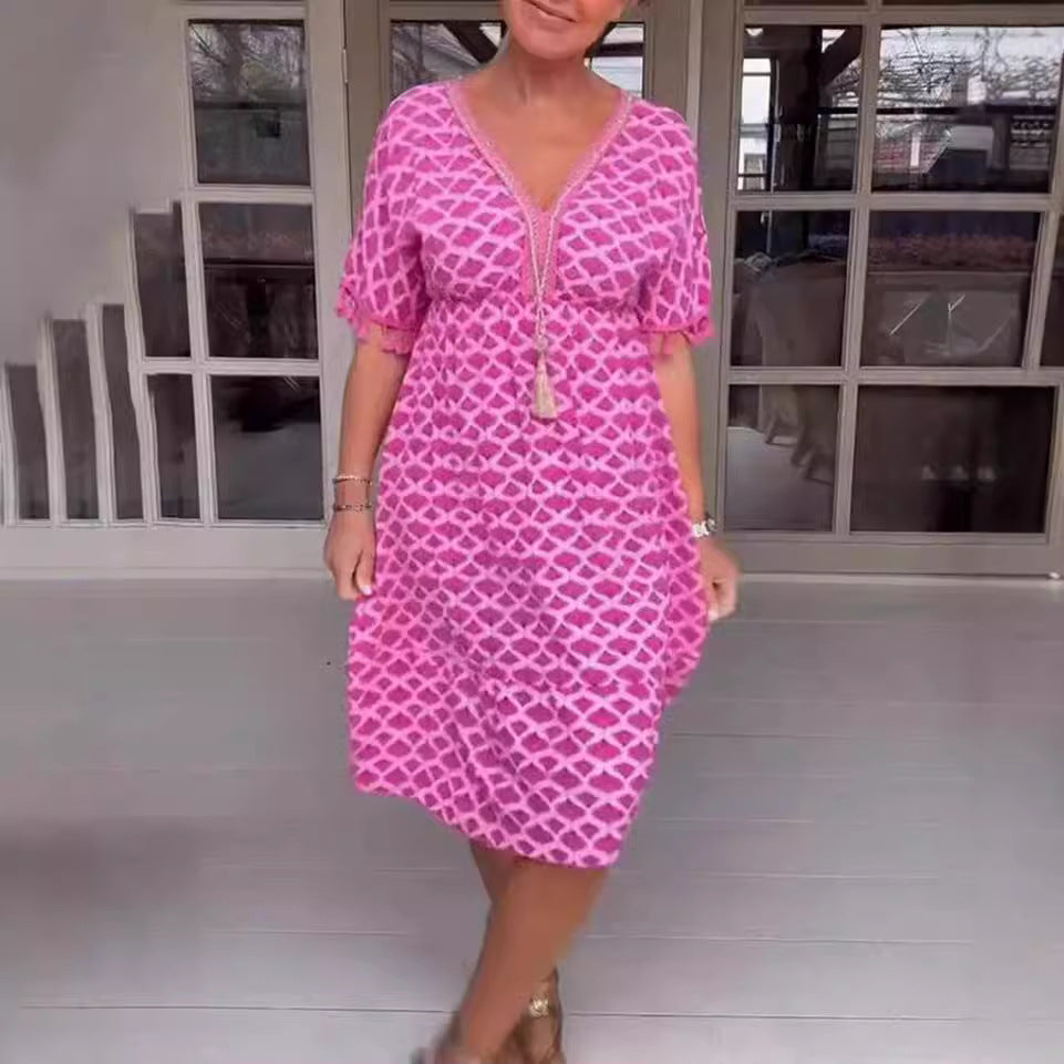 Robe midi femme – Coupe décontractée – Décolleté en V – Manches à franges – Imprimé géométrique