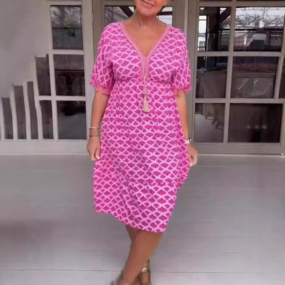 Robe midi femme – Coupe décontractée – Décolleté en V – Manches à franges – Imprimé géométrique