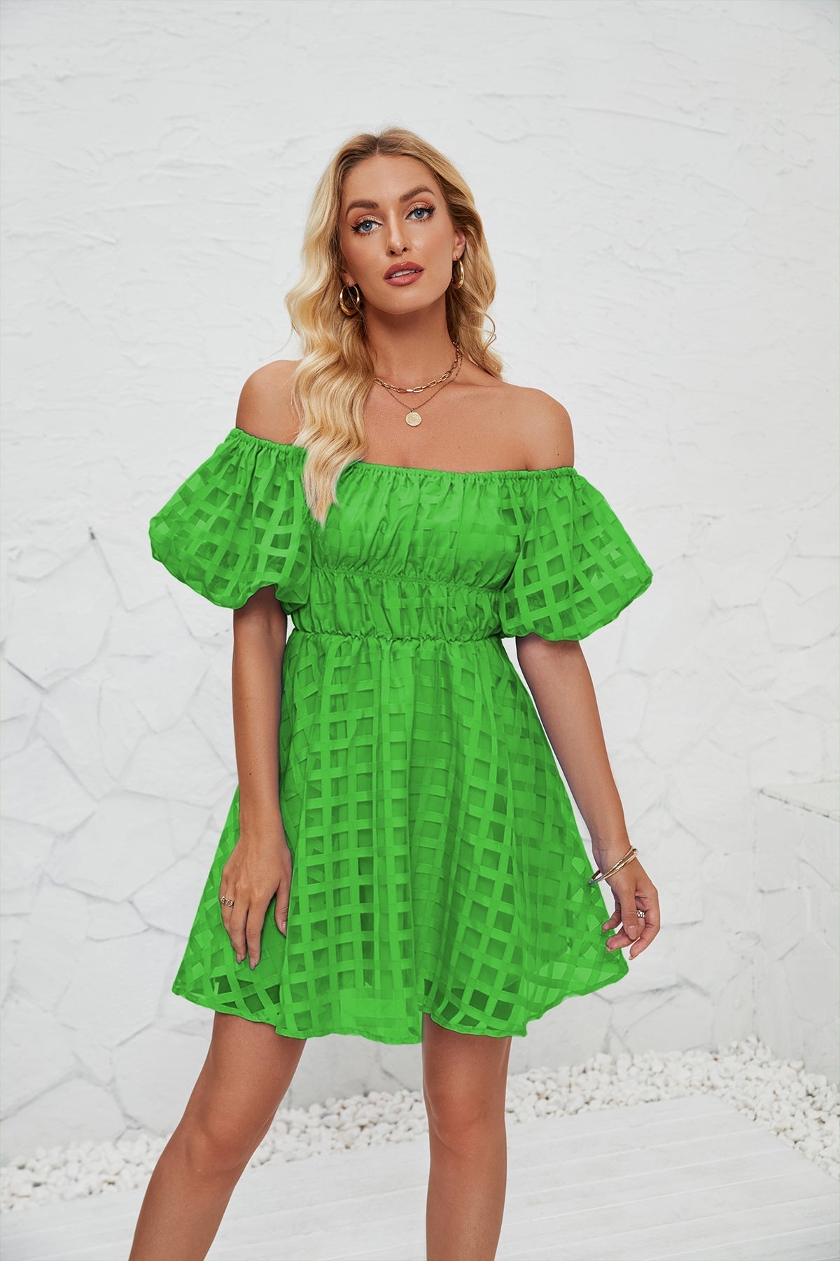 Robe mini femme – Manches bouffantes – Encolure carrée – Taille froncée – Tissu léger