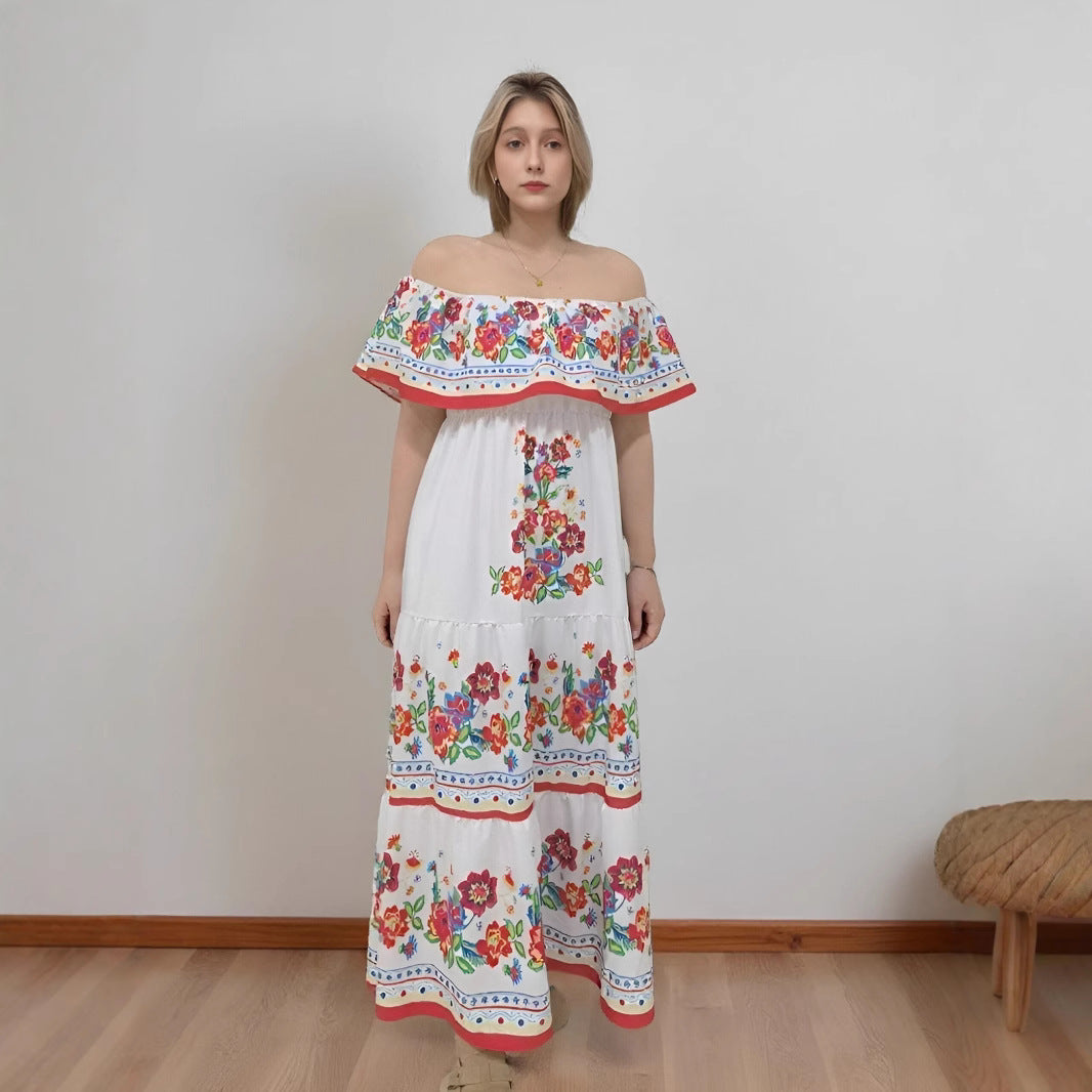 Robe longue femme – Épaules dénudées – Imprimé fleuri – Taille ajustable – Jupe à volants