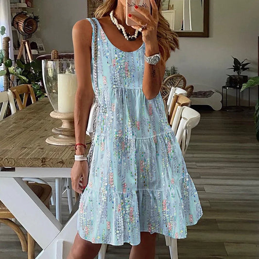 Robe femme – Coupe évasée – Coton respirant – Volants superposés – Sans manches