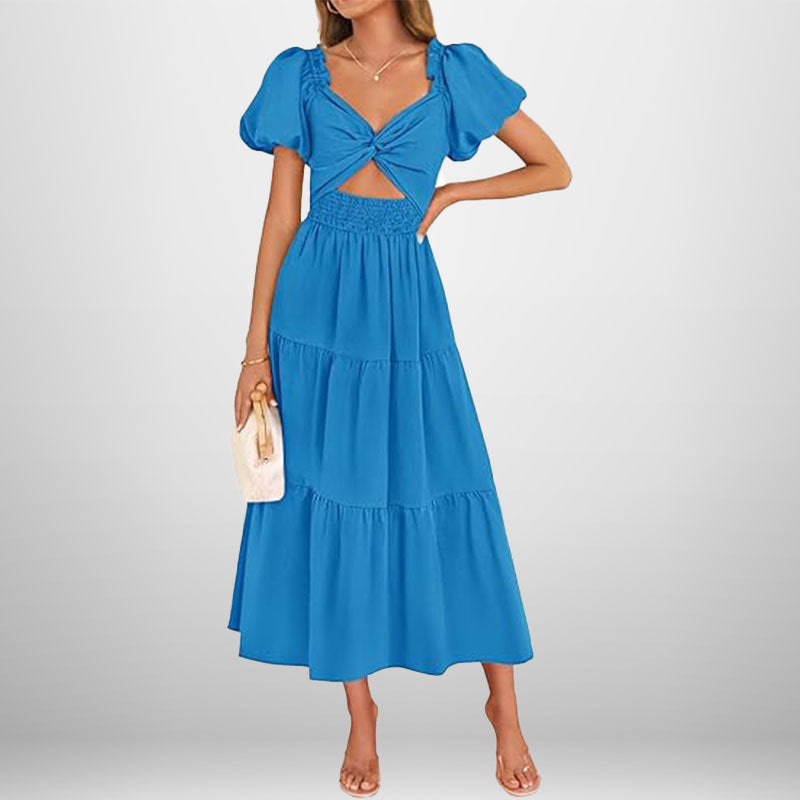 Robe longue femme – Tissu respirant – Col en V – Taille smockée – Jupe à volants
