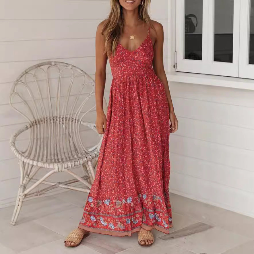 Robe longue femme – Coupe fluide – Décolleté en V – Bretelles fines – Imprimé bohème