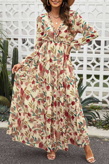 Robe longue femme – Tissu fluide – Imprimé fleuri – Manches longues – Style bohème