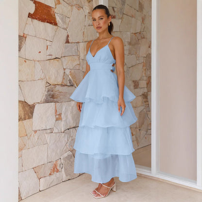 Robe longue femme – Tissu léger respirant – Bretelles fines – Col en V – Volants superposés