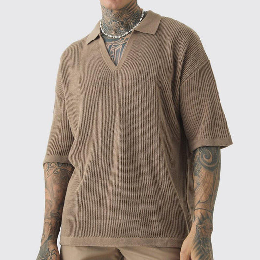 Chemise homme manches courtes – Coupe décontractée – Col V – Maille texturée respirante