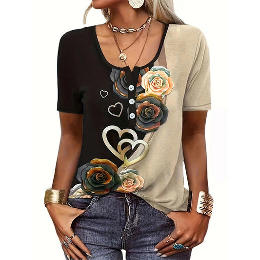 T-shirt femme – Coupe décontractée – Col rond boutonné – Imprimé floral artistique
