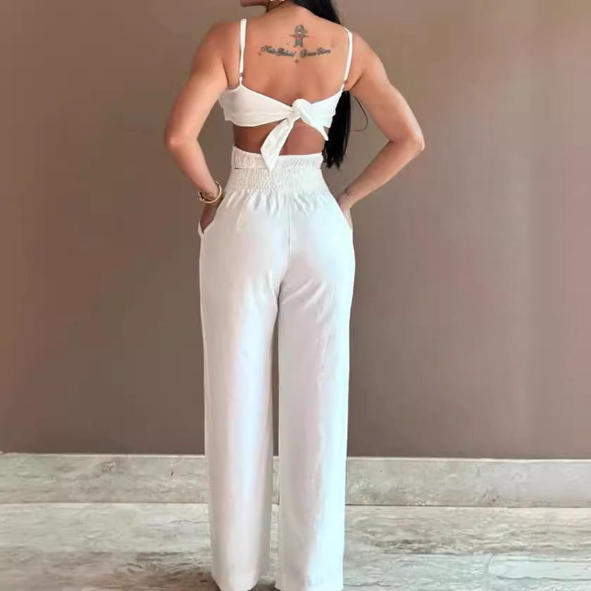 Combinaison pantalon femme – Dos nu – Tissu respirant – Jambes larges – Nœud devant