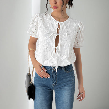 Blouse femme – Coupe ample – Manches bouffantes – Dentelle ajourée – Liens devant