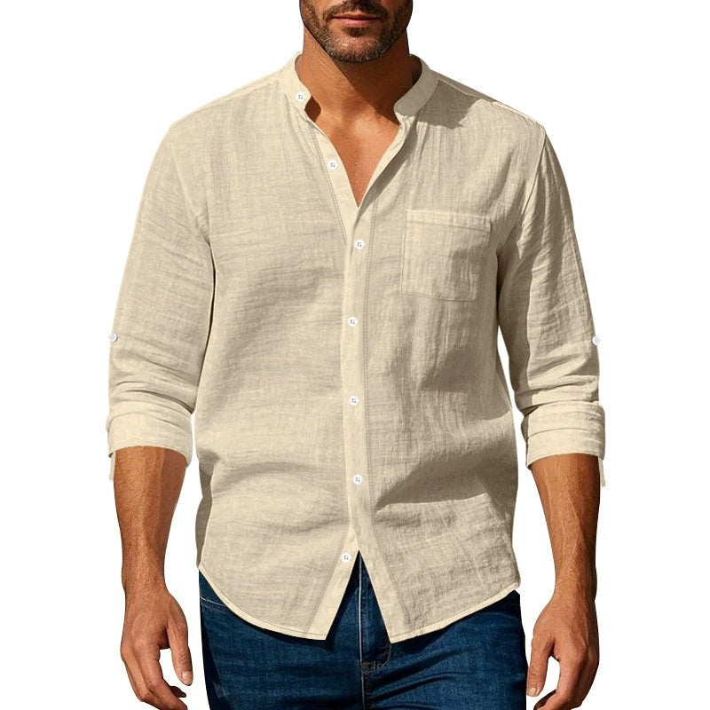 Men's shirt – Breathable linen – Relaxed fit – Band collar – Buttoned cuffs