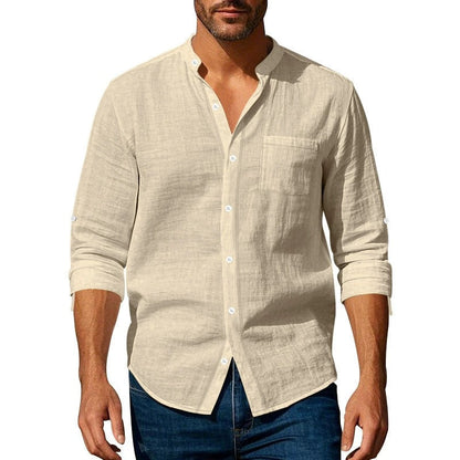 Men's shirt – Breathable linen – Relaxed fit – Band collar – Buttoned cuffs