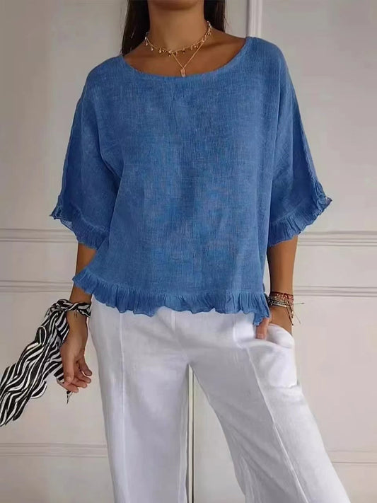 Blouse femme manches courtes – Lin coton – Coupe ample – Col rond – Ourlet volanté