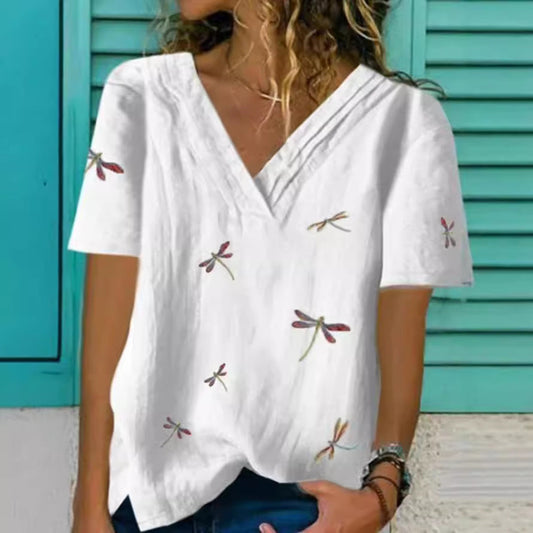 Blouse femme col V – Coupe décontractée – Motifs brodés – Tissu respirant – Manches courtes