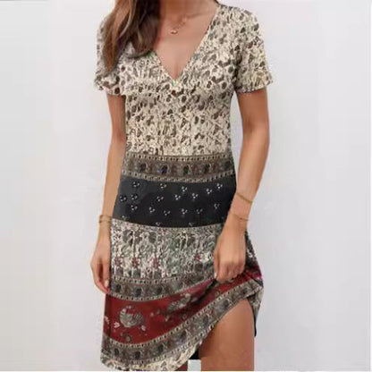 Robe femme manches courtes – Coupe décontractée – Col V profond – Style patchwork boho