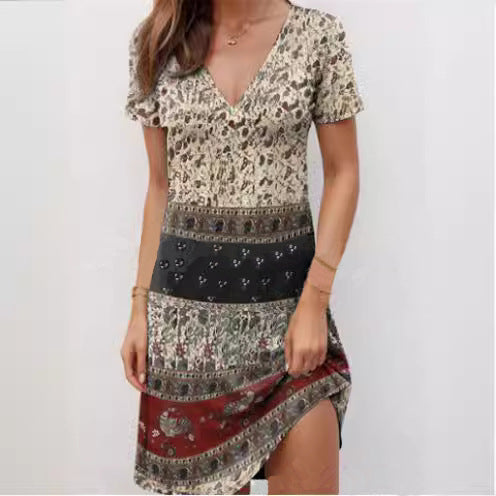 Robe femme manches courtes – Coupe décontractée – Col V profond – Style patchwork boho