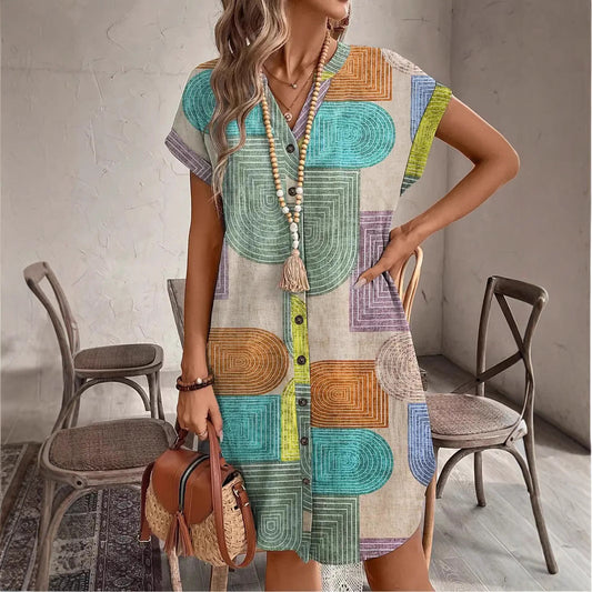 Robe femme col V – Coupe décontractée – Manches courtes – Boutonnée – Tissu respirant
