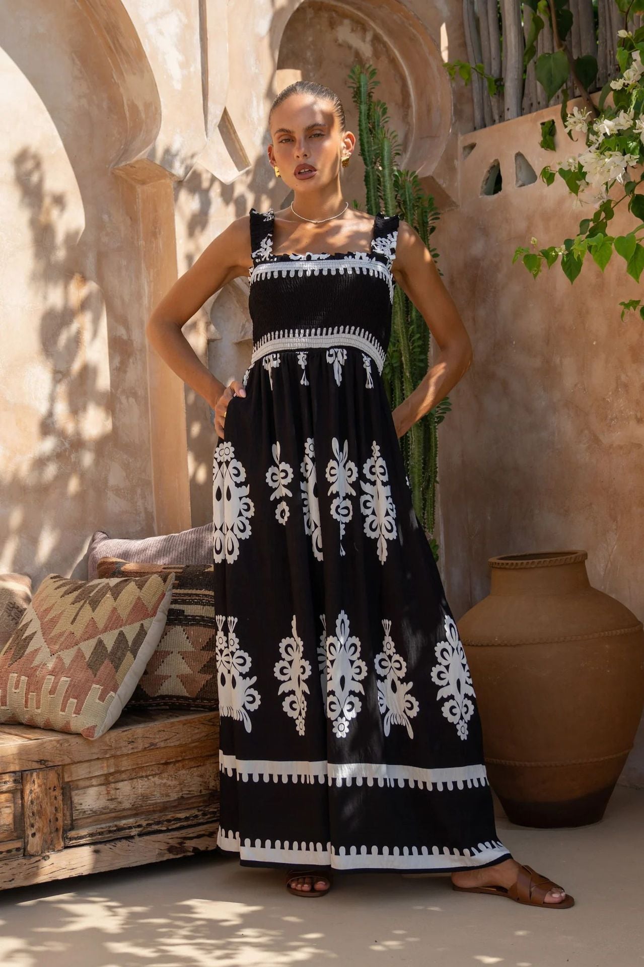 Robe d’été femme – Coton – Coupe évasée – Bretelles volantées – Longueur cheville