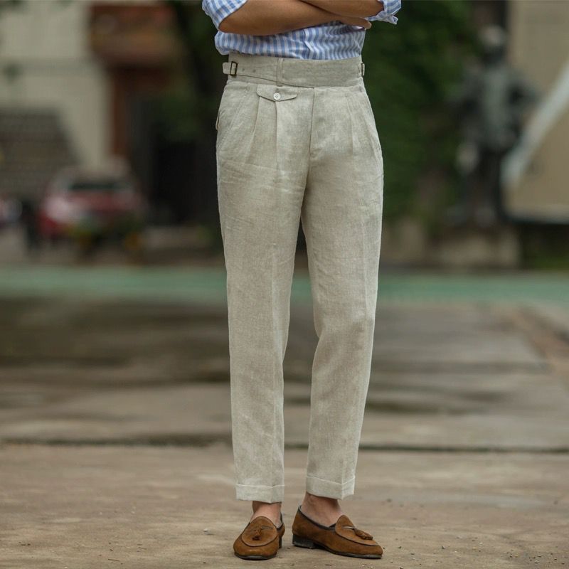 Pantalon homme – Coupe slim – Taille haute – Fibres naturelles – Plis élégants