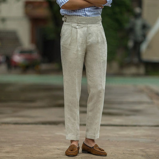Pantalon homme – Coupe slim – Taille haute – Fibres naturelles – Plis élégants