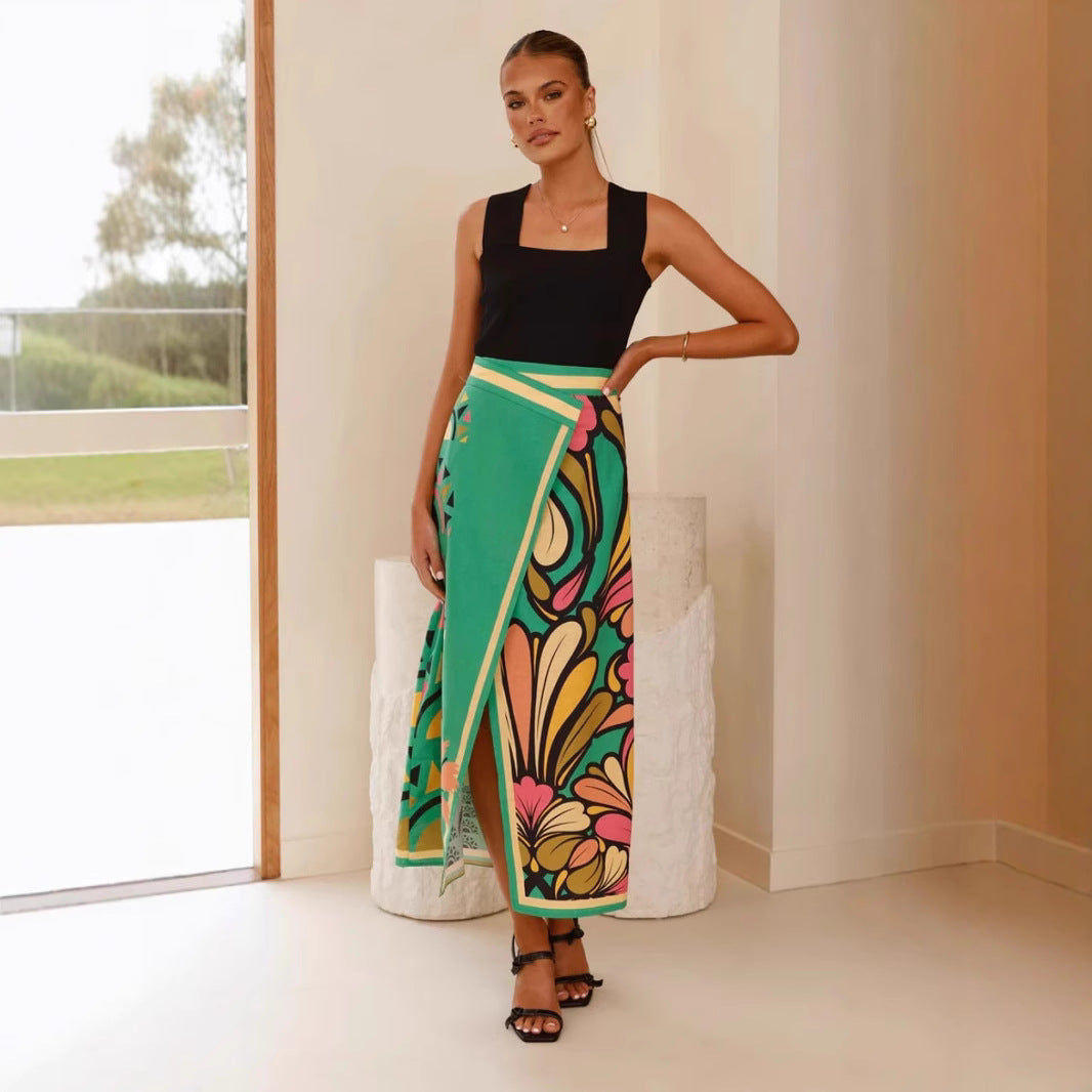 Jupe midi femme – Coupe ajustée – Taille haute – Fente avant – Imprimé abstrait