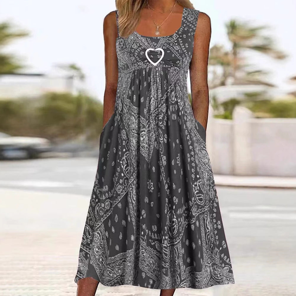 Robe longue femme – Coupe évasée fluide – Imprimé bandana – Tissu respirant – Poches