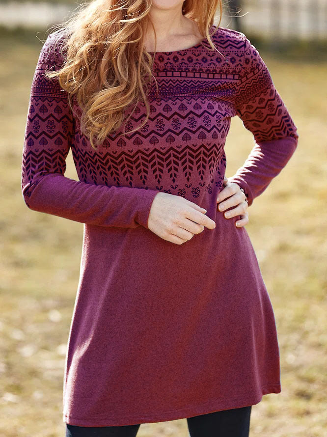 Robe femme – Coupe droite décontractée – Manches longues – Imprimé ethnique – Col rond