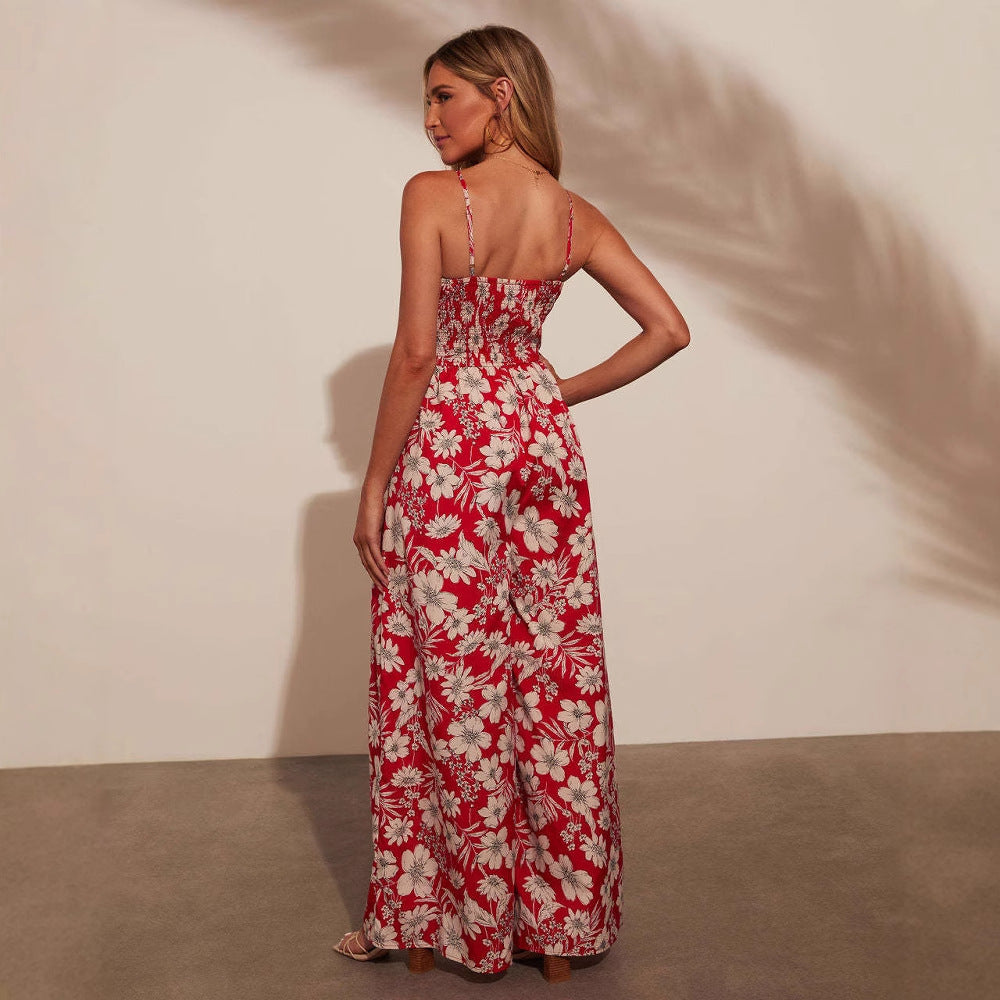 Combinaison Femme – Imprimé Floral – Coupe Large – Bretelles Fines – Haut Smocké