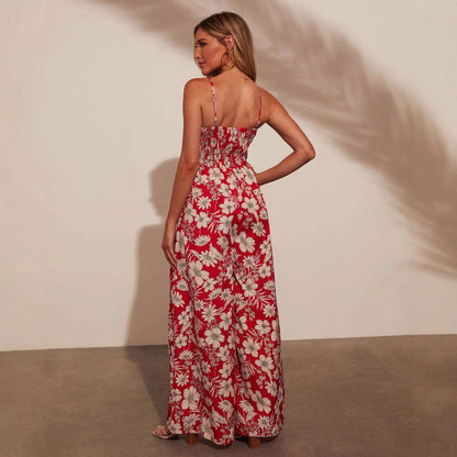 Combinaison Femme – Imprimé Floral – Coupe Large – Bretelles Fines – Haut Smocké