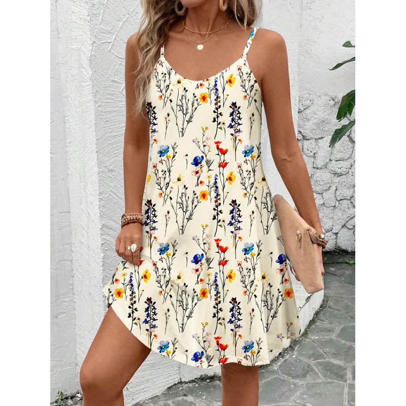 Robe femme – Coupe trapèze fluide – Bretelles réglables – Motif fleuri – Coton léger