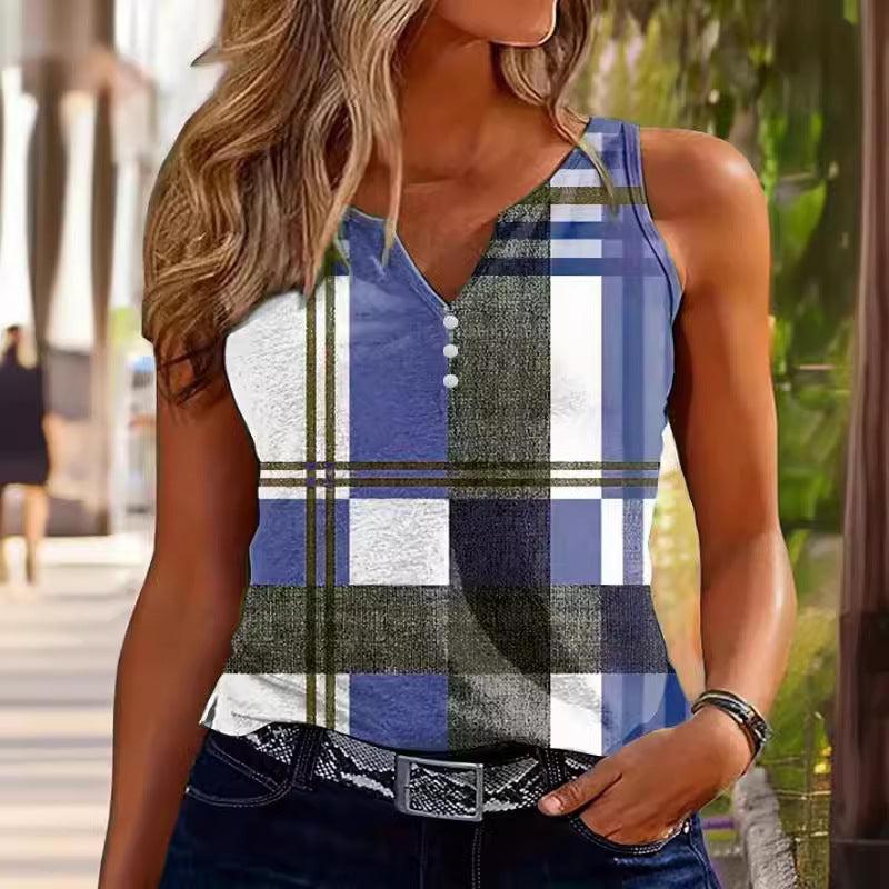 Débardeur Femme – Coupe Ajustée – Col V – Motif à Carreaux