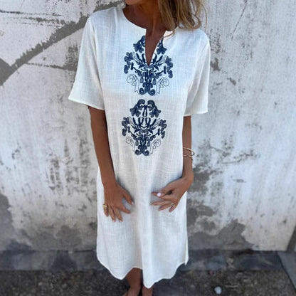 Robe midi femme – Fibres naturelles – Coupe décontractée – Manches courtes – Broderie