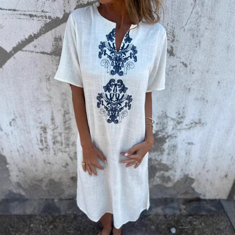 Robe midi femme – Fibres naturelles – Coupe décontractée – Manches courtes – Broderie