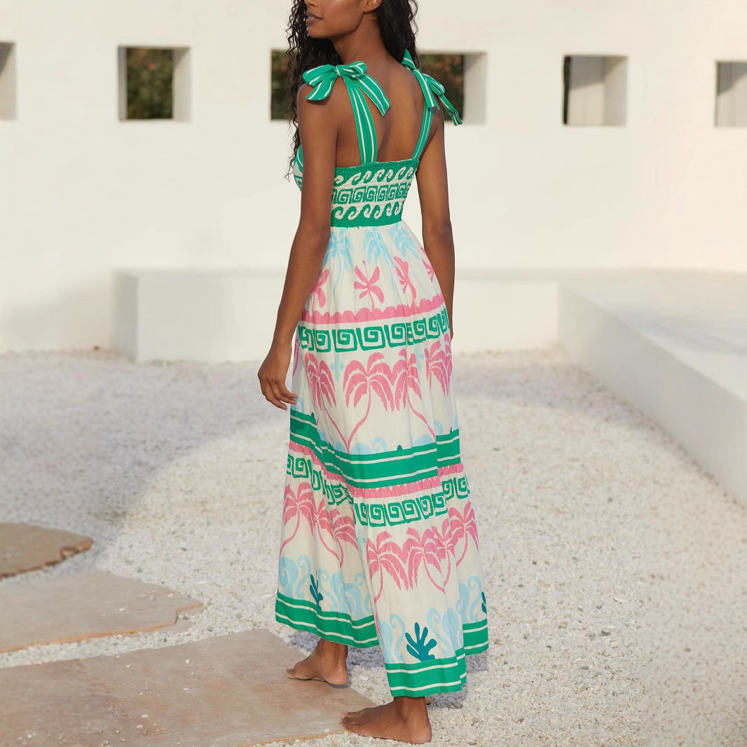 Robe longue femme – Tissu respirant – Coupe évasée – Motifs bohèmes à volants