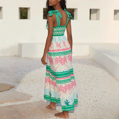 Robe longue femme – Tissu respirant – Coupe évasée – Motifs bohèmes à volants