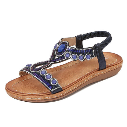 Sandales femme – Semelle plate – Bride élastique – Détail perles bohème confort