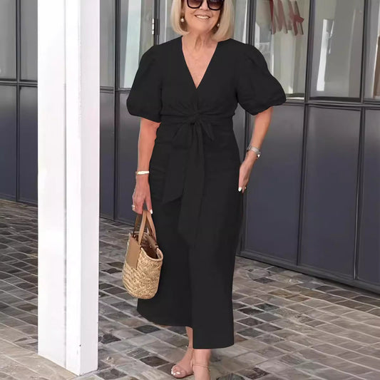 Robe midi femme – Coupe décontractée – Fibres naturelles – Manches bouffantes – Ceinture nouée – Décolleté en V