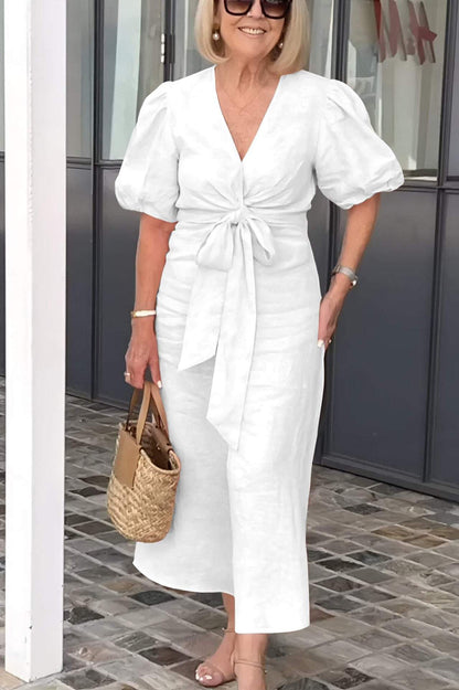 Robe midi femme – Coupe décontractée – Fibres naturelles – Manches bouffantes – Ceinture nouée – Décolleté en V