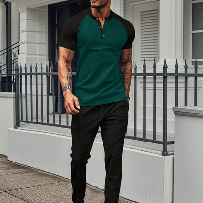 Ensemble deux pièces homme – Haut manches courtes – Coupe slim – Manches raglan – Pantalon droit – Mélange coton