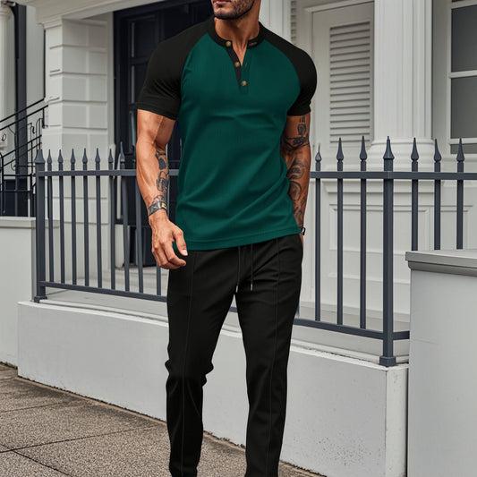 Ensemble deux pièces homme – Haut manches courtes – Coupe slim – Manches raglan – Pantalon droit – Mélange coton