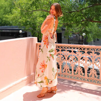 Robe longue femme – Coton – Dos nu – Imprimé floral – Col carré élégant