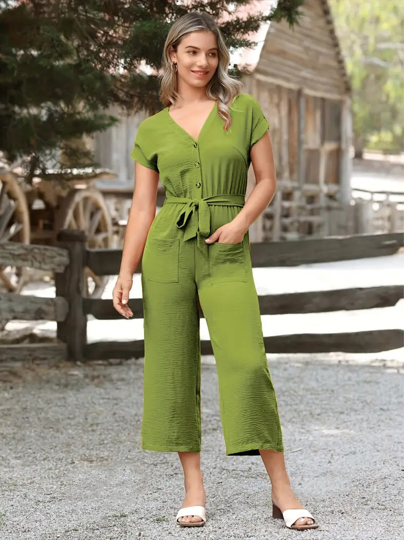 Combinaison Femme – Coupe Ample – Manches Courtes – Ceinture Ajustable – Boutons Devant
