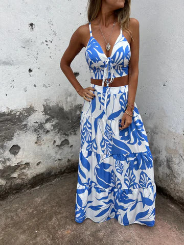 Ensemble Deux Pièces Femme – Crop Top Noué – Jupe Longue Fluide – Tissu Respirant